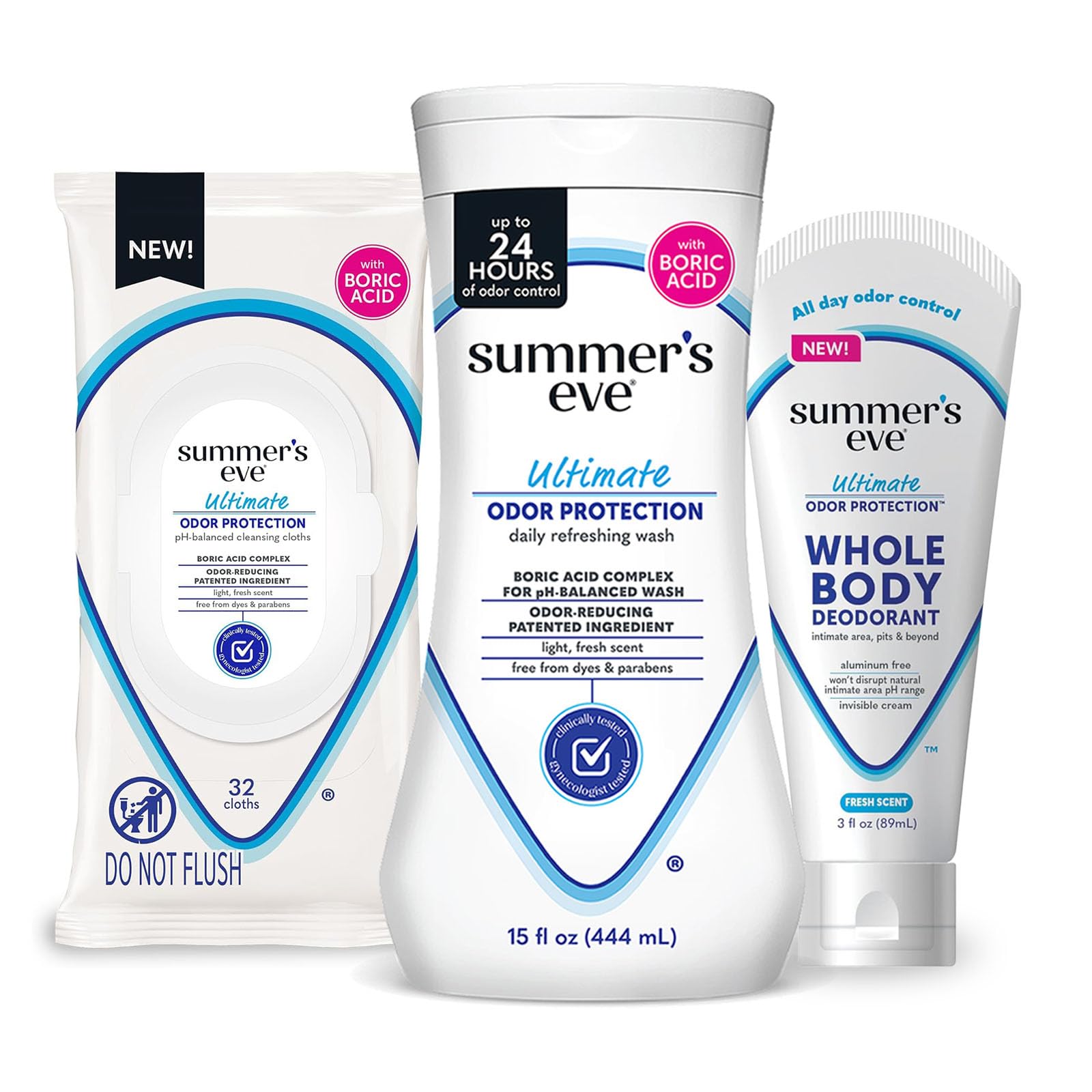 Summer's Eve Ultimate Odor Protection Bundle; 15oz Cleansing Wash, 32ct Feminine Wipes, and 2 Oz Whole Body Deodorant