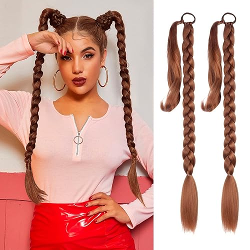 Paquete de 2 extensiones de cabello largas trenzadas para bricolaje con banda elástica para el cabello, extensiones de cabello lacio envolvente (n.