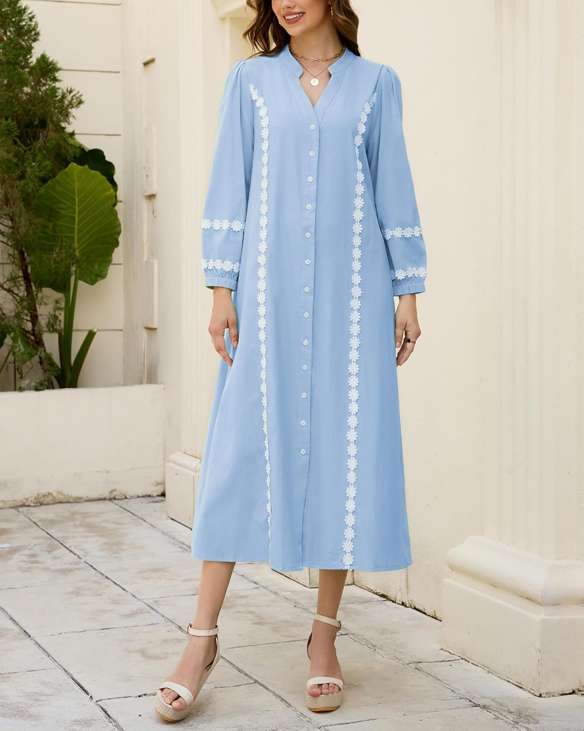 Women Button Down Maxi Dresses V Neck 3/4 Sleeve Lace Trim Kaftan Dress Fall Belted Long Shirt Dresses - Image 7