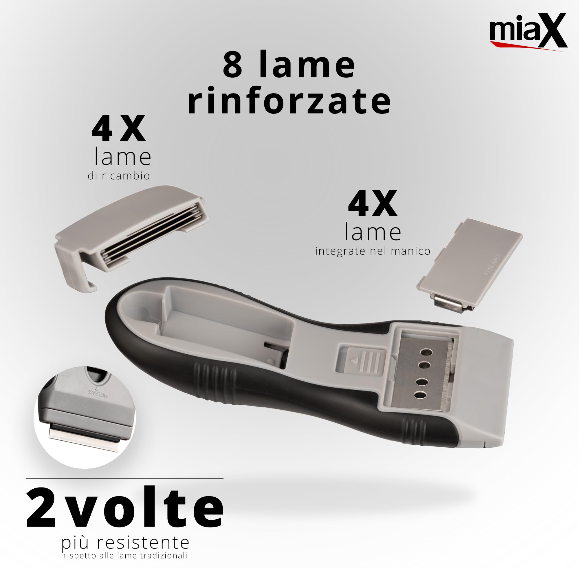 miaX Premium Spatola Multiuso 2.0 – Raschietto rimuovi silicone, con 8 lame di ricambio integrate – per piano induzione, vetro, adesivi, vernici