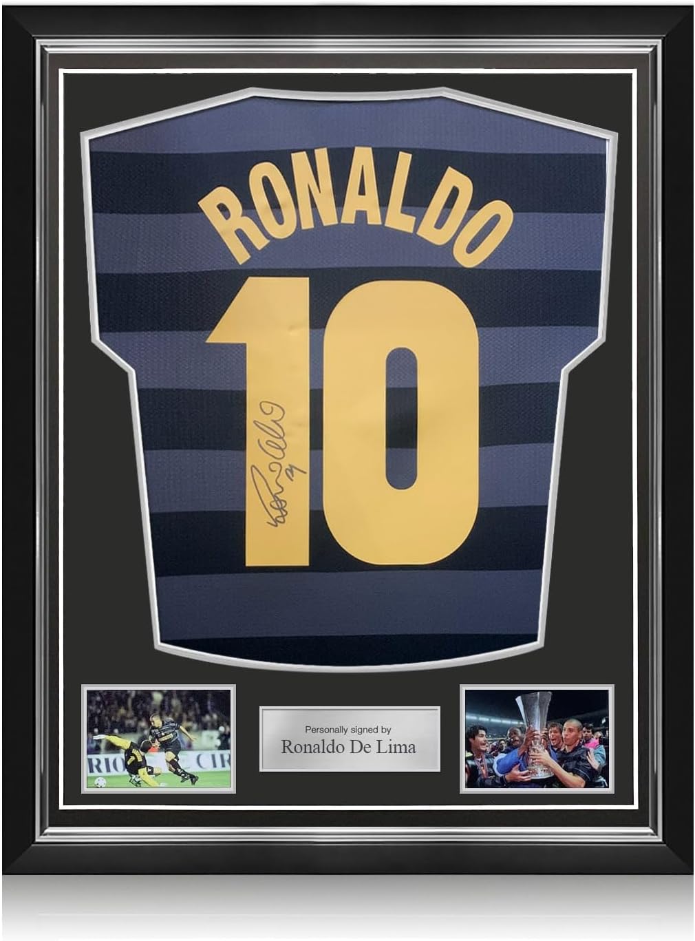 Exclusive Memorabilia Ronaldo de Lima Signed Inter Milan 1998 Away Soccer Jersey. Superior Frame