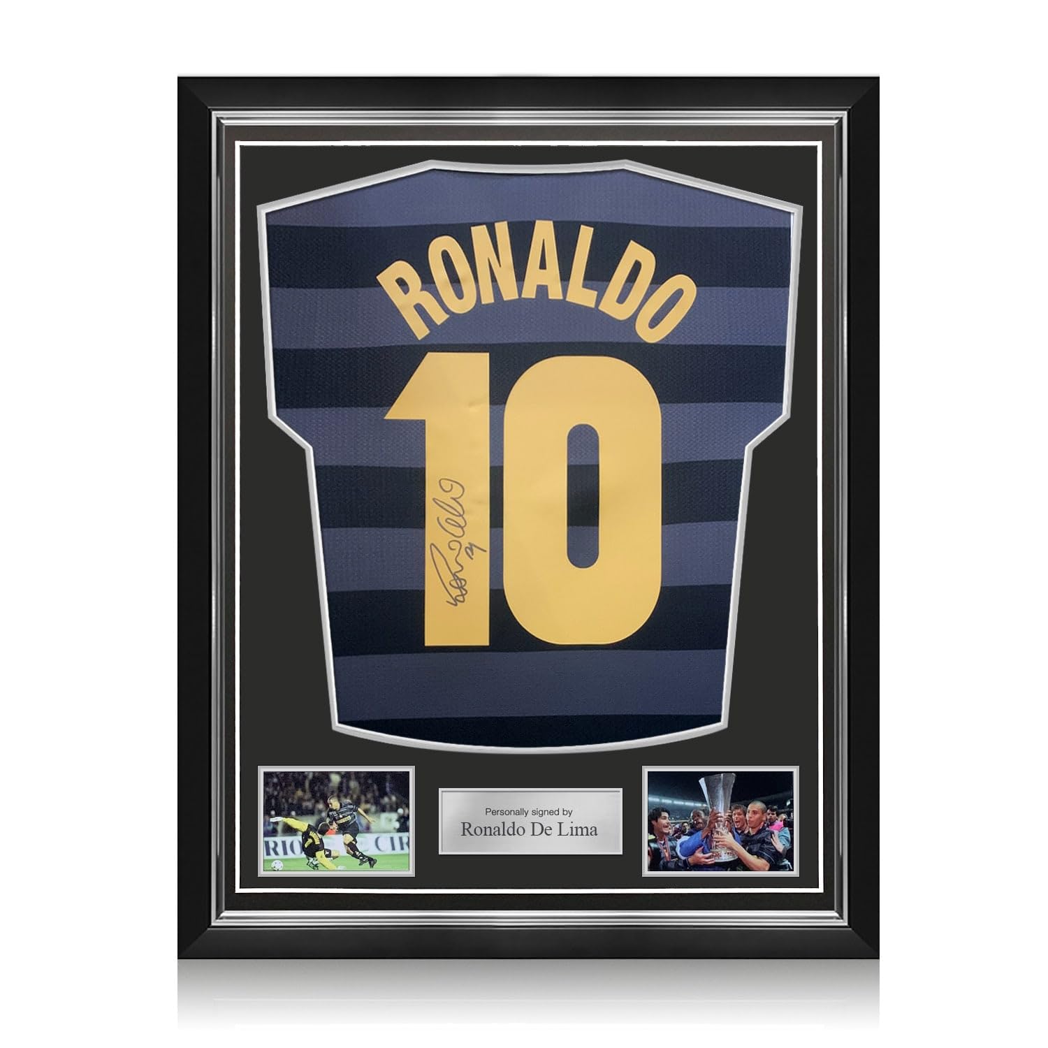 Exclusive Memorabilia Ronaldo de Lima Signed Inter Milan 1998 Away Soccer Jersey. Superior Frame
