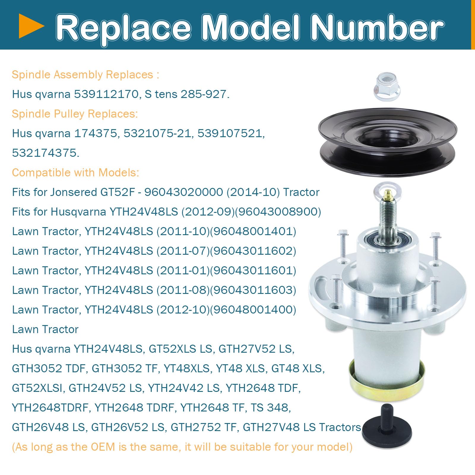 539112170 Conjunto de husillo con polea 532174375 sustituye a Hus qvarna YTH24V48LS, YTH24V42 LS, GTH24V52 LS, GTH26V52 LS, YT48XLS, GT48 XLS, 1 paquete