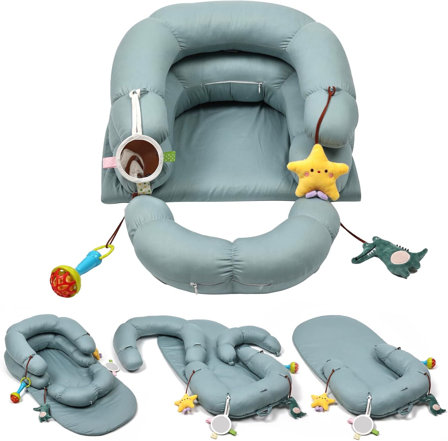 2-in-1 Tummy Time Mat & Seated Support Cushion for Newborns and Older Babies - Baby Tummy Time Support Cushion with Detachable Cushion and Toys（Coffee）