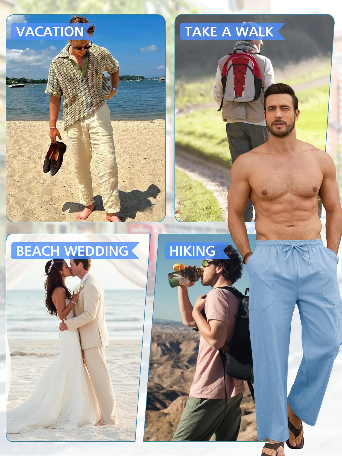 Pantalón Lino Hombre Verano de Mezcla Algodón y Lino Ligero Transpirable con Cintura Elástica Cordon y Bolsillos Pantalones de Lino Hombre Corte Largo