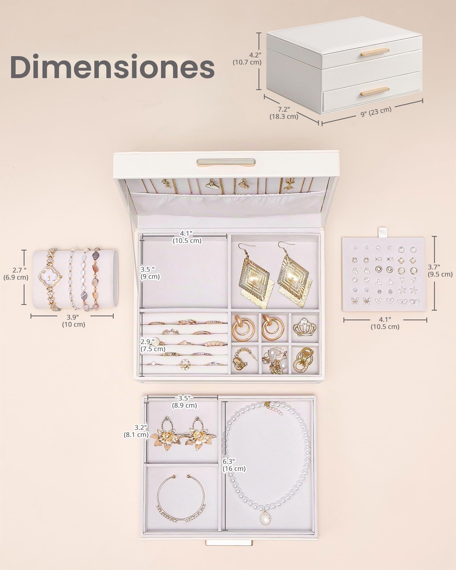 Lolalet Caja para Joyas de Doble Capa, Estuche Joyero Organizador para Joyería Collares Anillos Aretes Pulseras Relojes Regalo Ideal para Mujer -Blanco