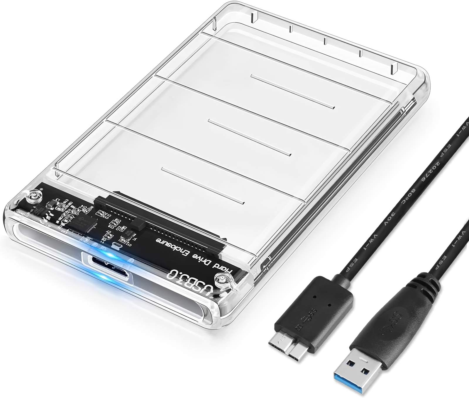 POSUGEAR2.5 inch Hard Drive Enclosure,USB 3.0 5Gbps Support UASP, Transparent Case Tool Free for 9.5mm & 7mm 2.5" SATA I/II/III HDD SSD