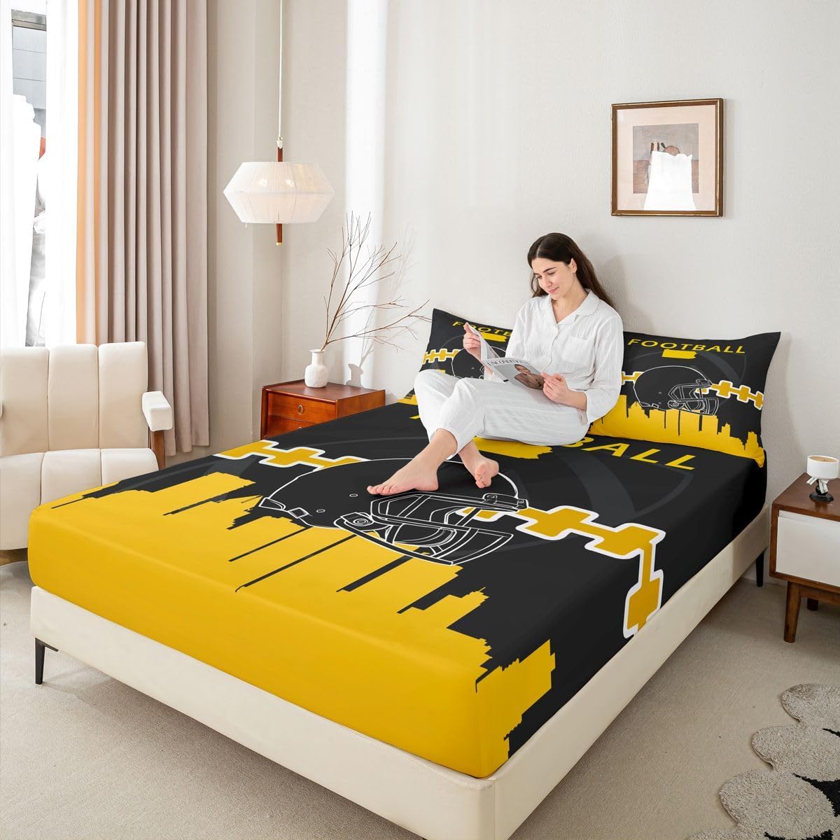 Erosebridal Boys Sports Fitted Sheet Twin Size,Football Helmet Bed Sheets,Blue Gray Rugby Bed Set,Football Bedding Set with 1 Pillowcase,Yellow Black,no Top Sheet