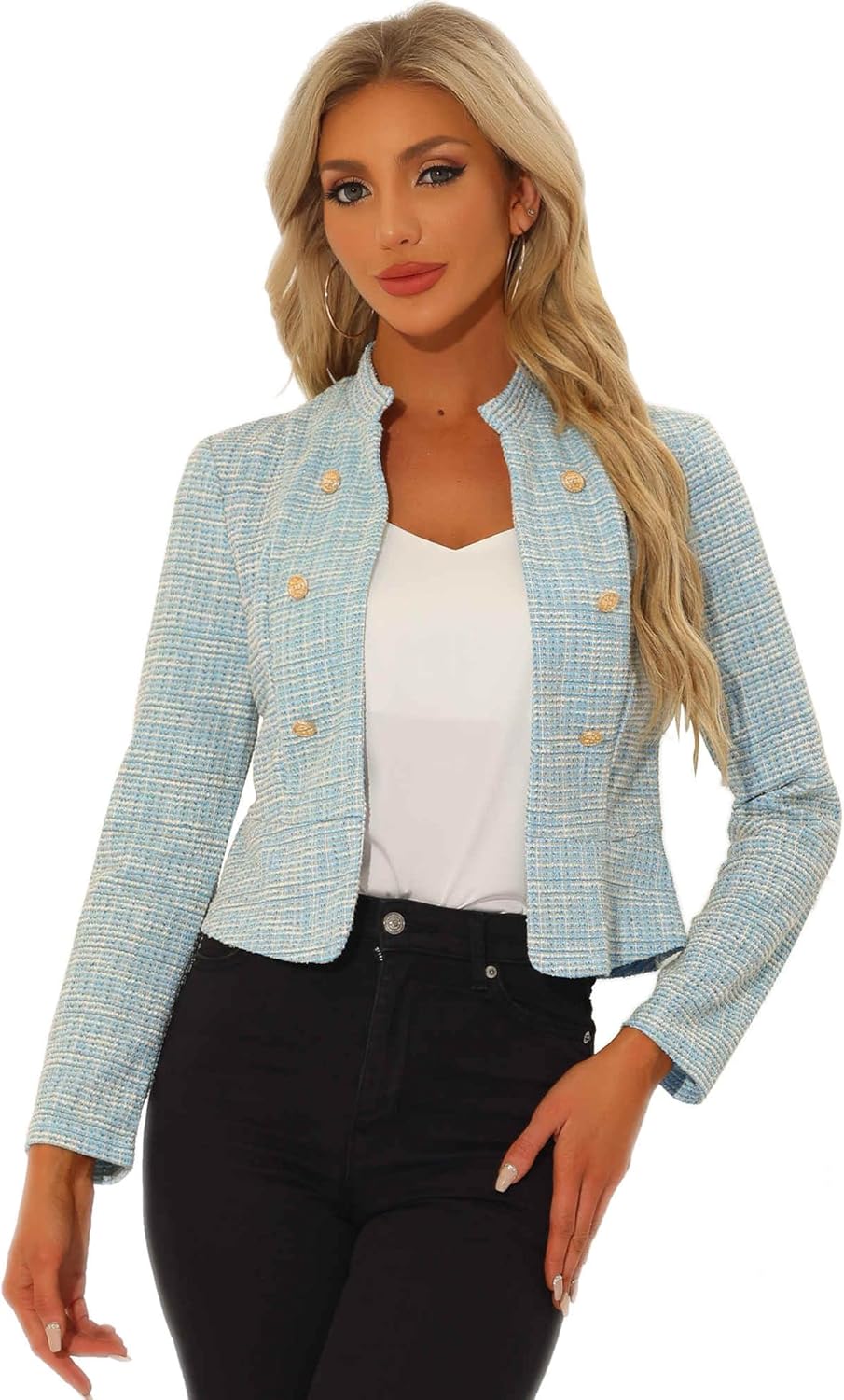 Allegra K Vintage Tweed Jackets for Women's Stand Collar Business Open Front Cropped Blazer Jacket
