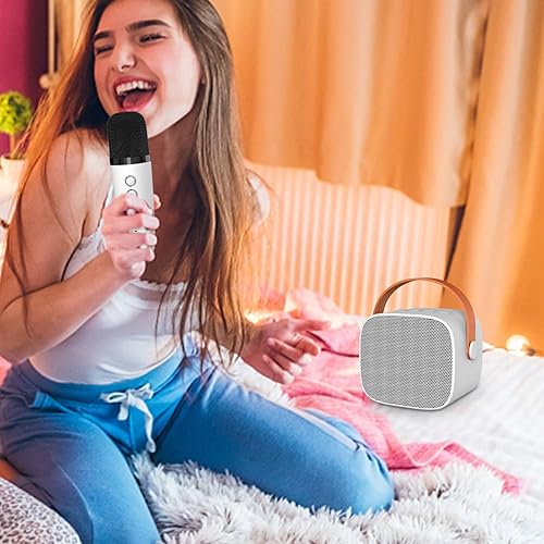Miniatura 3 de Mini máquina de karaoke, altavoz Bluetooth portátil con 2 micrófonos inalámbricos para niños y adultos con luces LED, regalos para niñas y niños,