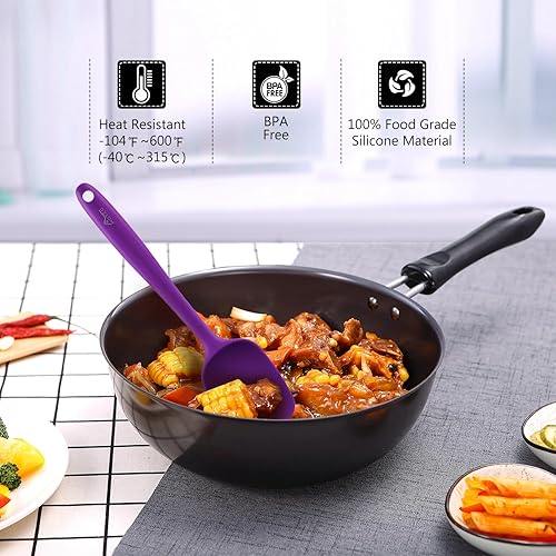 Vista 4 de HOTEC Juego de espátulas de silicona resistentes al calor de 300°C, libres de BPA, de goma de silicona para hornear, cocinar y mezclar, Púrpura