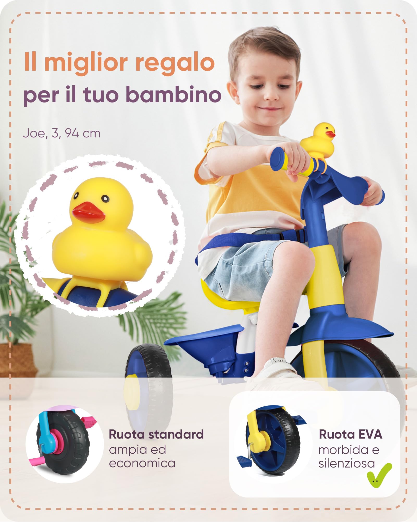KRIDDO 2 in 1 Triciclo per Bambini da 2 a 3 Anni, Ruote EVA Aggiornate, Regalo per Bambini, Tricicli per Bambini dai 18 Mesi ai 3 Anni, con Maniglione regolabile e Campanello a Forma di Anatra, Blu