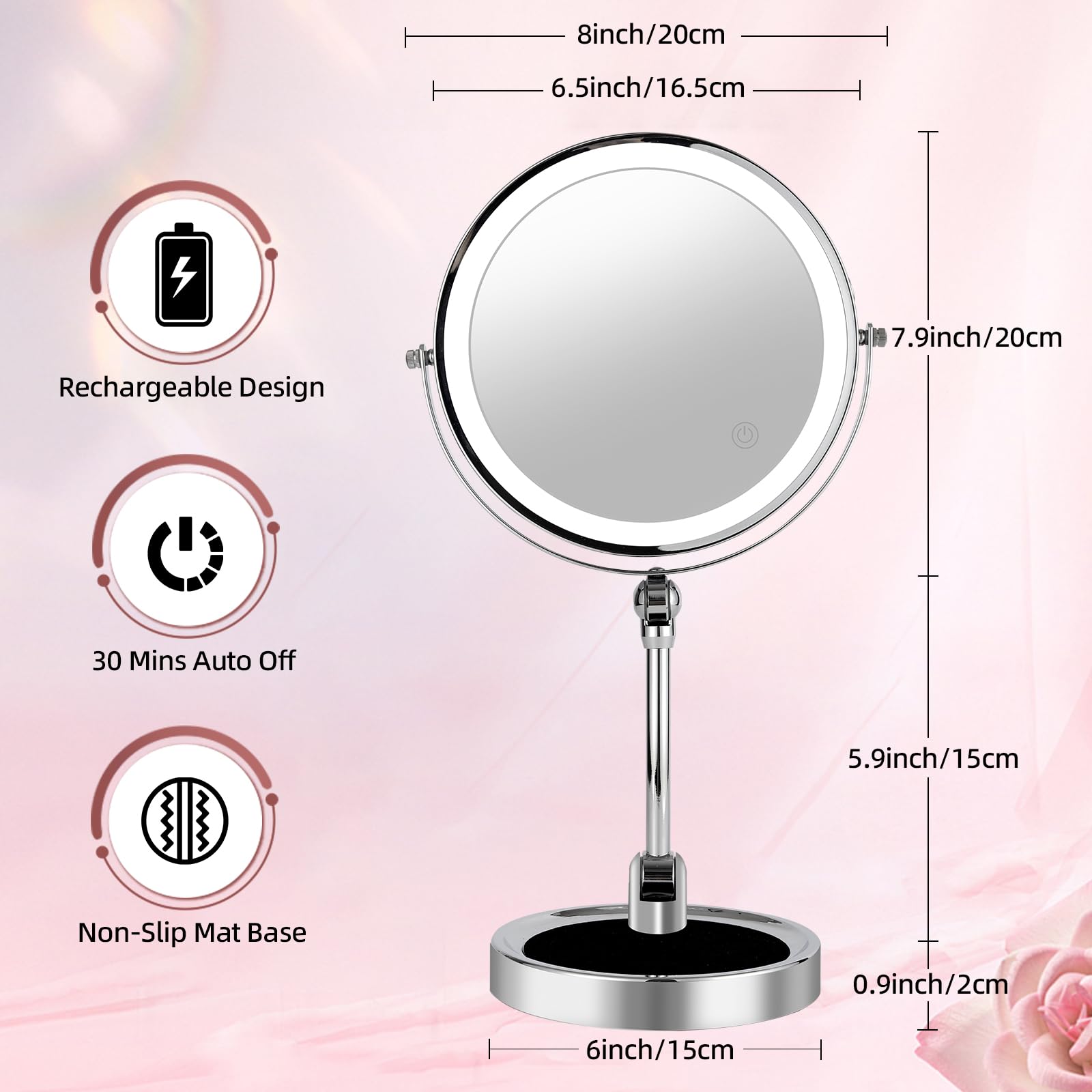 Specchio cosmetico con luci LED, 20,3 cm, ingrandimento 1/10x, ricaricabile, pieghevole, controllo touch a 3 colori, per tavolo da toeletta