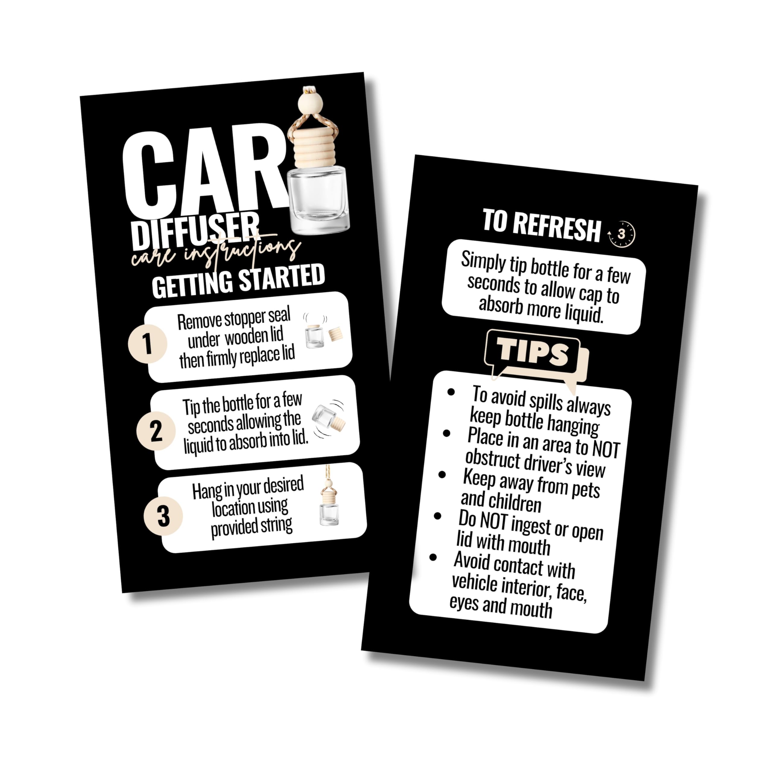 Car Diffuser Instruction Cards | Physical Printed 2" x 3.5" inches Business Card Size | Car Diffuser Supplies | White with Black Design (black)