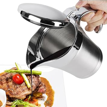 إبريق صلصة مزدوج معزول من الفولاذ المقاوم للصدأ من Gravy Boat بغطاء مفصلي، مثالي لتقديم أوعية المرق أو الكريمة لعيد الشكر والهالوين وعيد الميلاد 750 مل - 25 أونصة - فضي