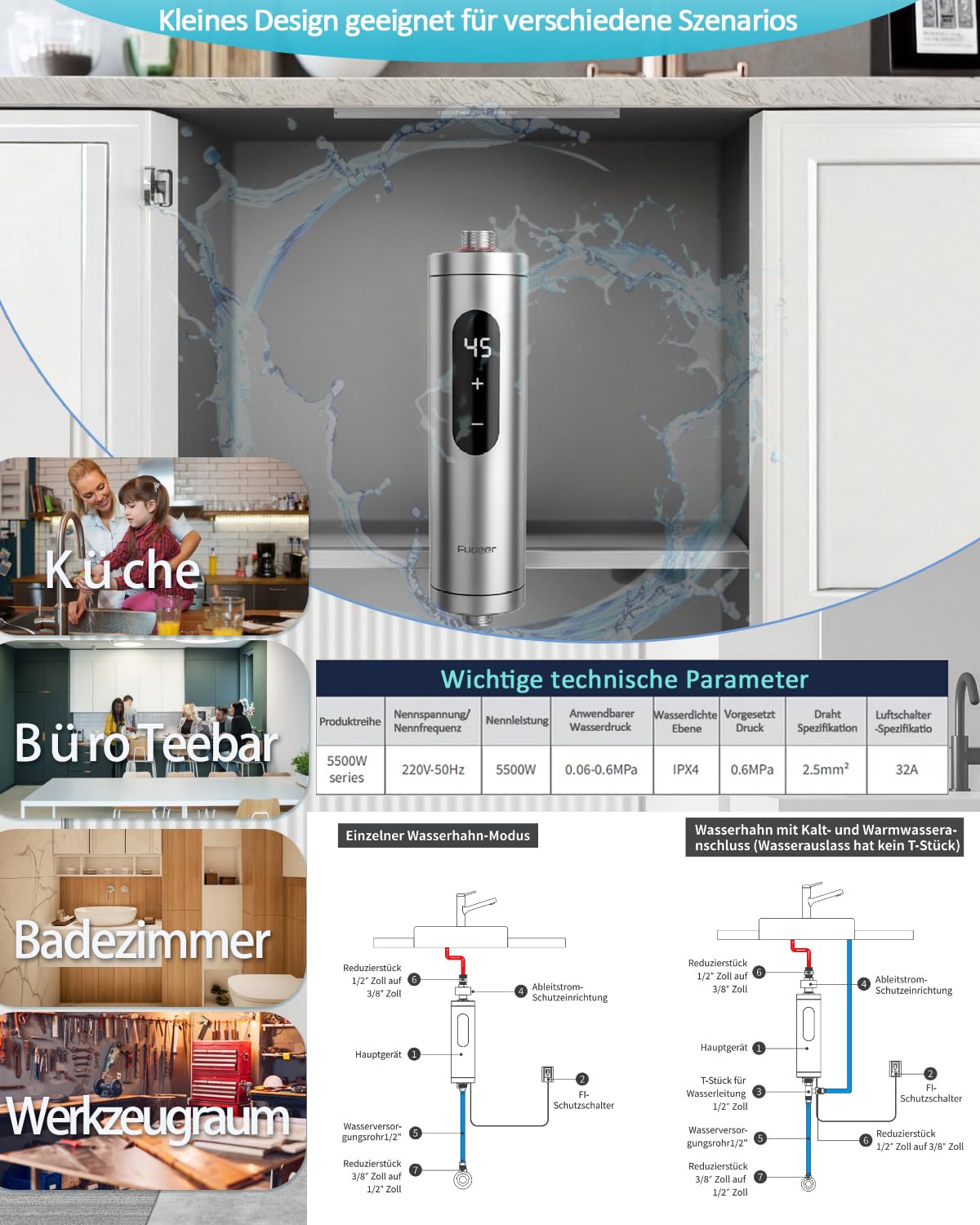 Mini Durchlauferhitzer für Waschbecken, Edelstahl Durchlauferhitzer Klein On-Demand Kleine Belüftete Unterspülen Wasserheizer, Kompakter Kleiner Durchlauferhitzer für Küche, Bad(Unter Waschbecken)