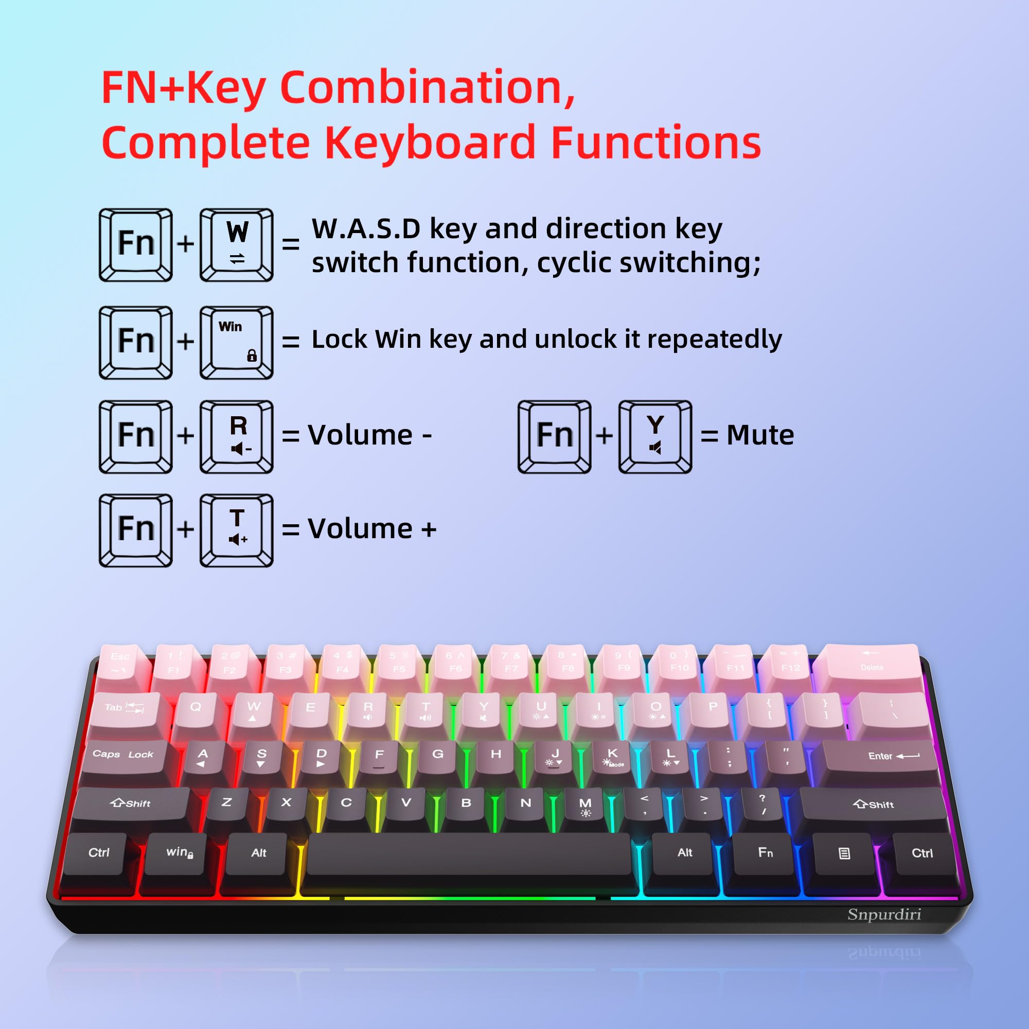 Snpurdiri 60% Wired Gaming Keyboard, Pink-Black view 3