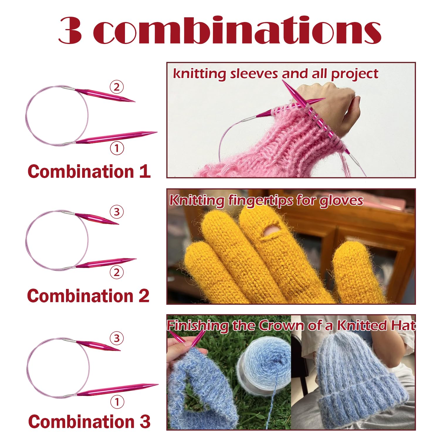 Knitiss Rundstricknadeln mit Etui, 11 Paar Rundstricknadeln, 3–8 mm | Austauschbare Rundstricknadeln aus Aluminium mit 5 Kabeln, mehrfarbig