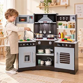 HONEY JOY Corner Kids Kitchen Playset, Wooden Toy Kitchen Set w/Lights & Sounds, Range Hood, Ice Maker & Coffee Maker, Microwave, Sink, Faucet, Little Chef Pretend Play Kitchen for Toddlers, Brown