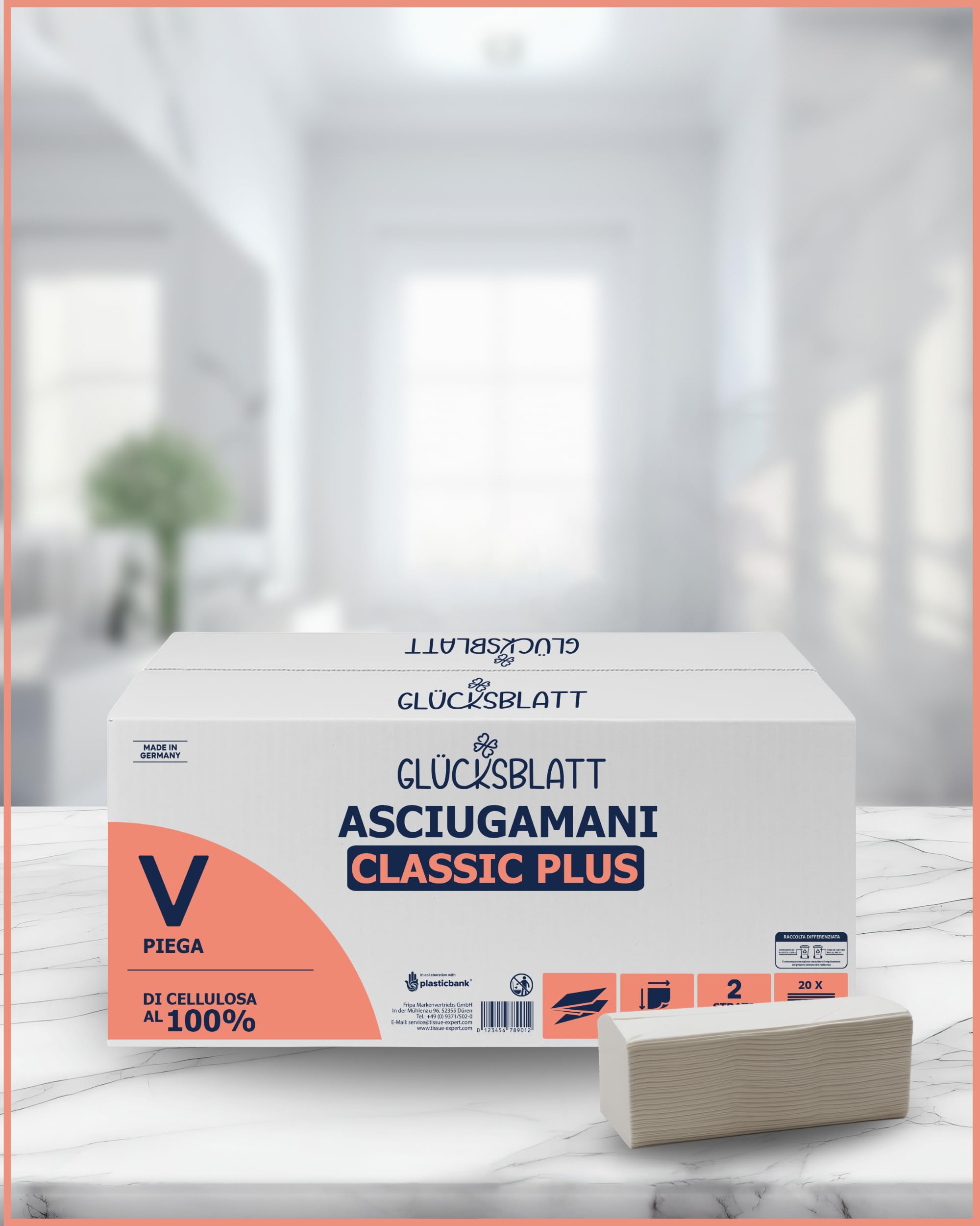 Glücksblatt Asciugamani di carta, 3000 fogli, 2 strati, 25 x 23 cm, piegati a V, in 100% polpa, asciugamani di alta qualità, adatti per dispenser, carta asciugamano bianca, asciugamani monouso