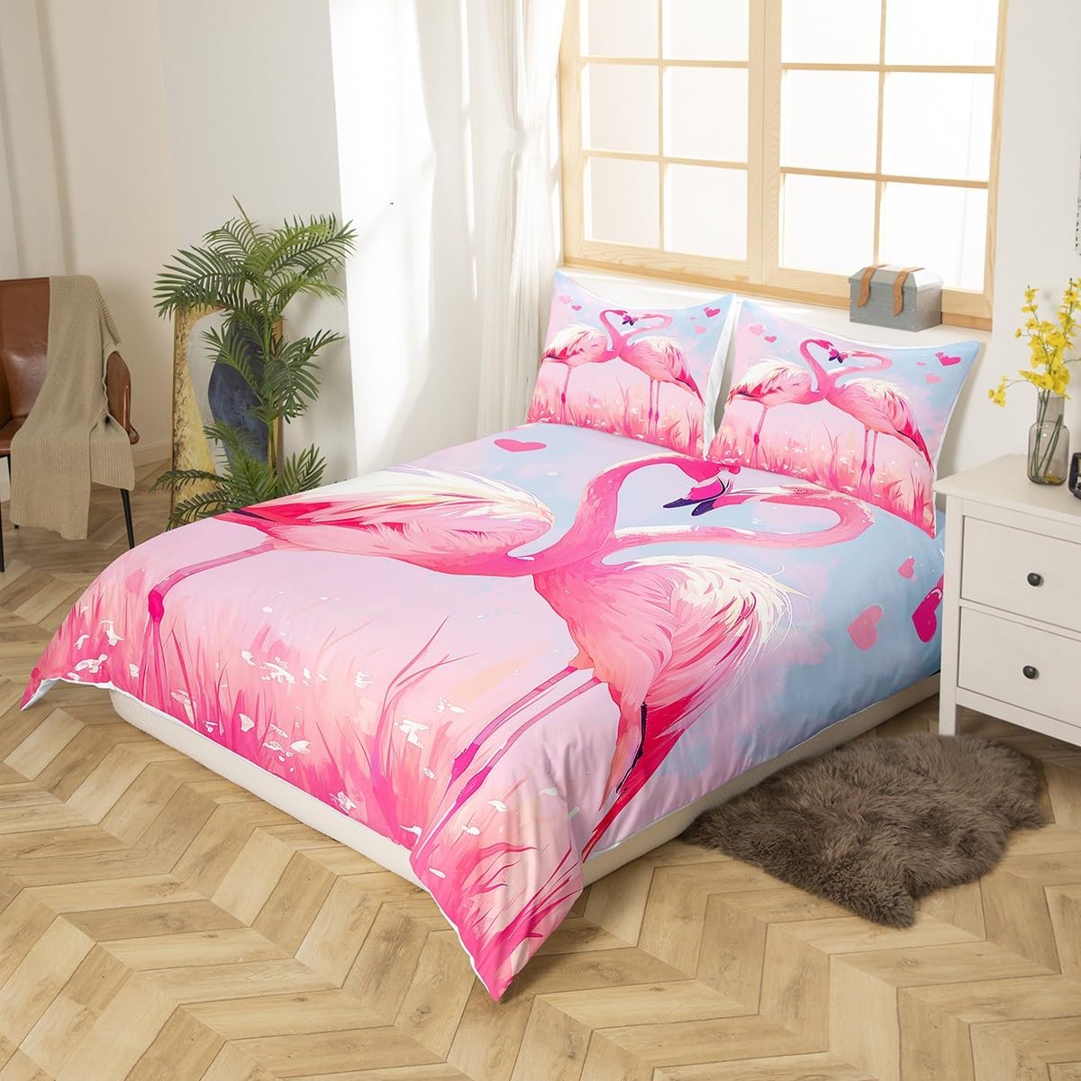 Castle Fairy Flamingo Heart Duvet Cover Queen Size for Teens Youth,Romantic Valentine's Day Decor Leaves Comforter Cover (Not Comforter),Watercolor Blue Pink Gradient Super Soft Bedding Bedroom Decor