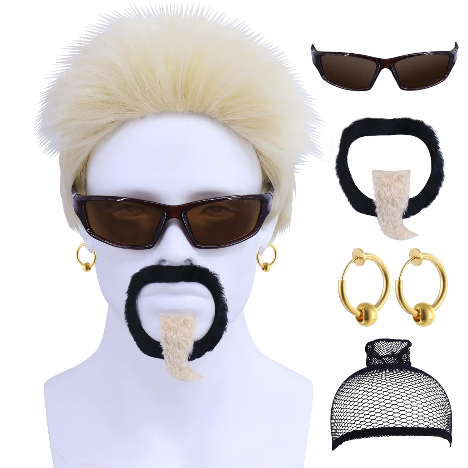 Short Blonde Cosplay Wig for Men, Wig Cap + 1 Beard and Goatee + 1 Glasses + 1 Pair Earrings - Heat Resistant Halloween Costume Wig