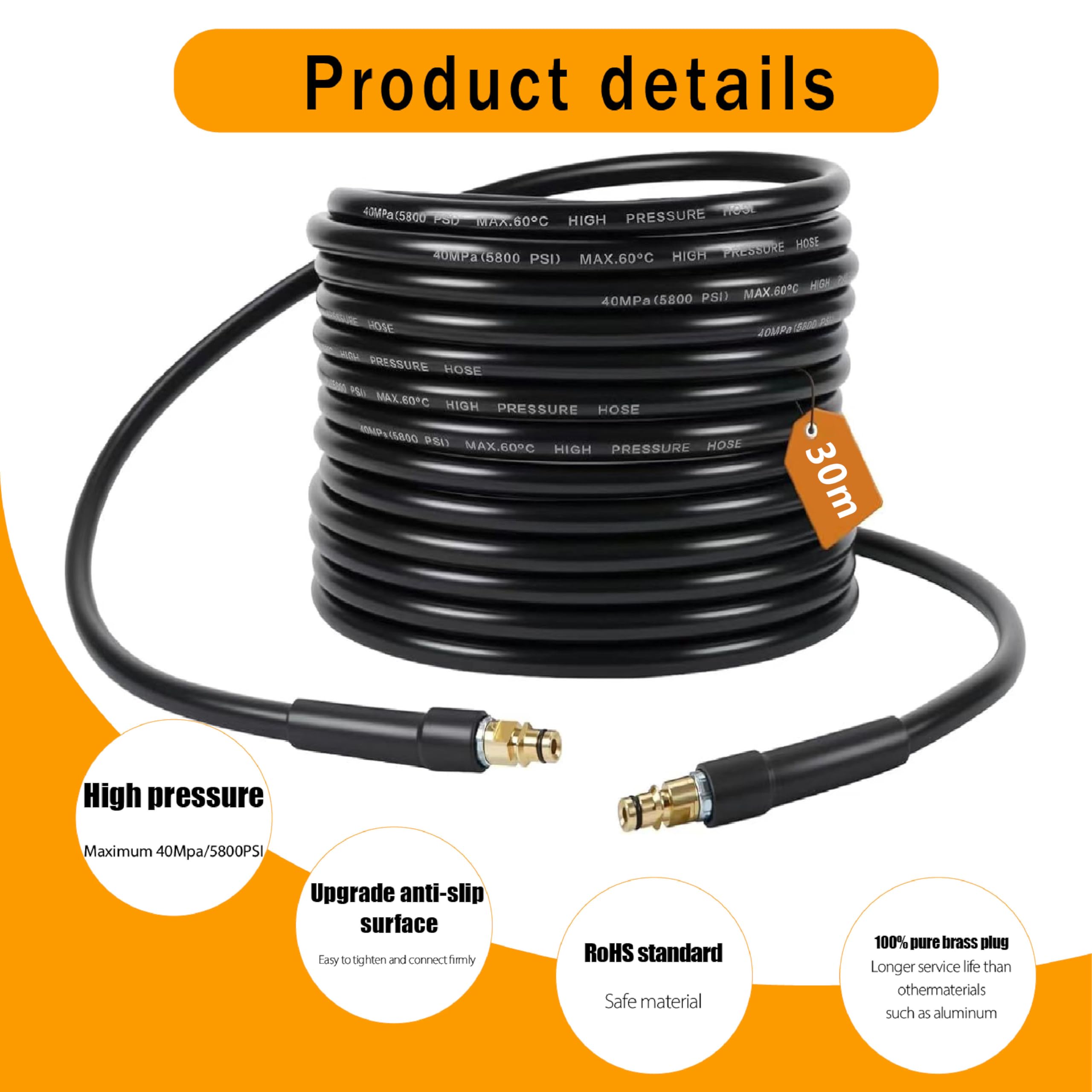 Tubo di prolunga per idropulitrice ad alta pressione, 30 m, per Kärcher K2, K3, K4, K5, K6, K7, con attacco Quick-Connect, ricambio