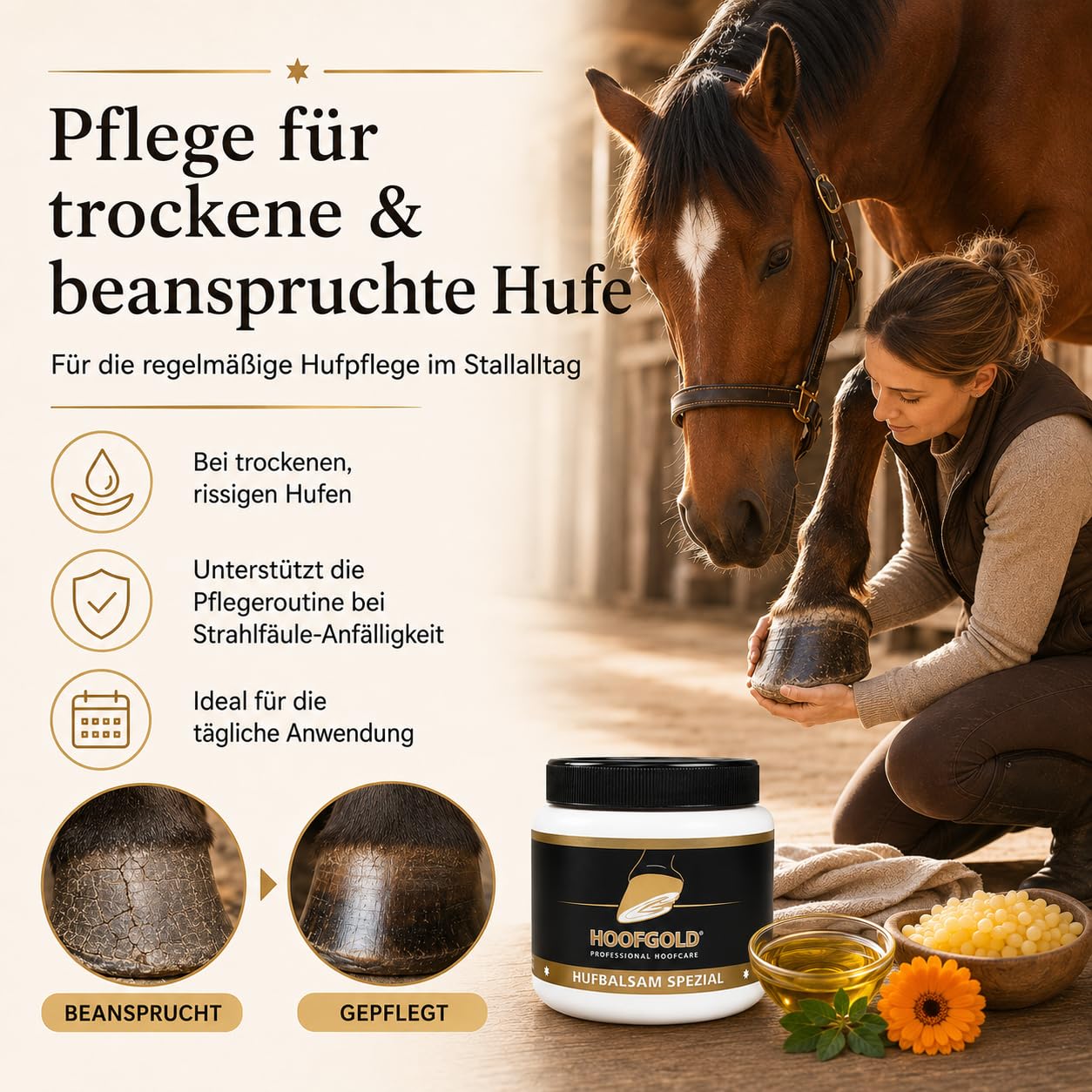 Bálsamo especial para pezuñas, caballo Huffett con aceites esenciales, cuidado 2 en 1 para pezuñas para grietas, podredumbre y cuerno frágil, nutre, protege y fortalece el cuerno, prensado en