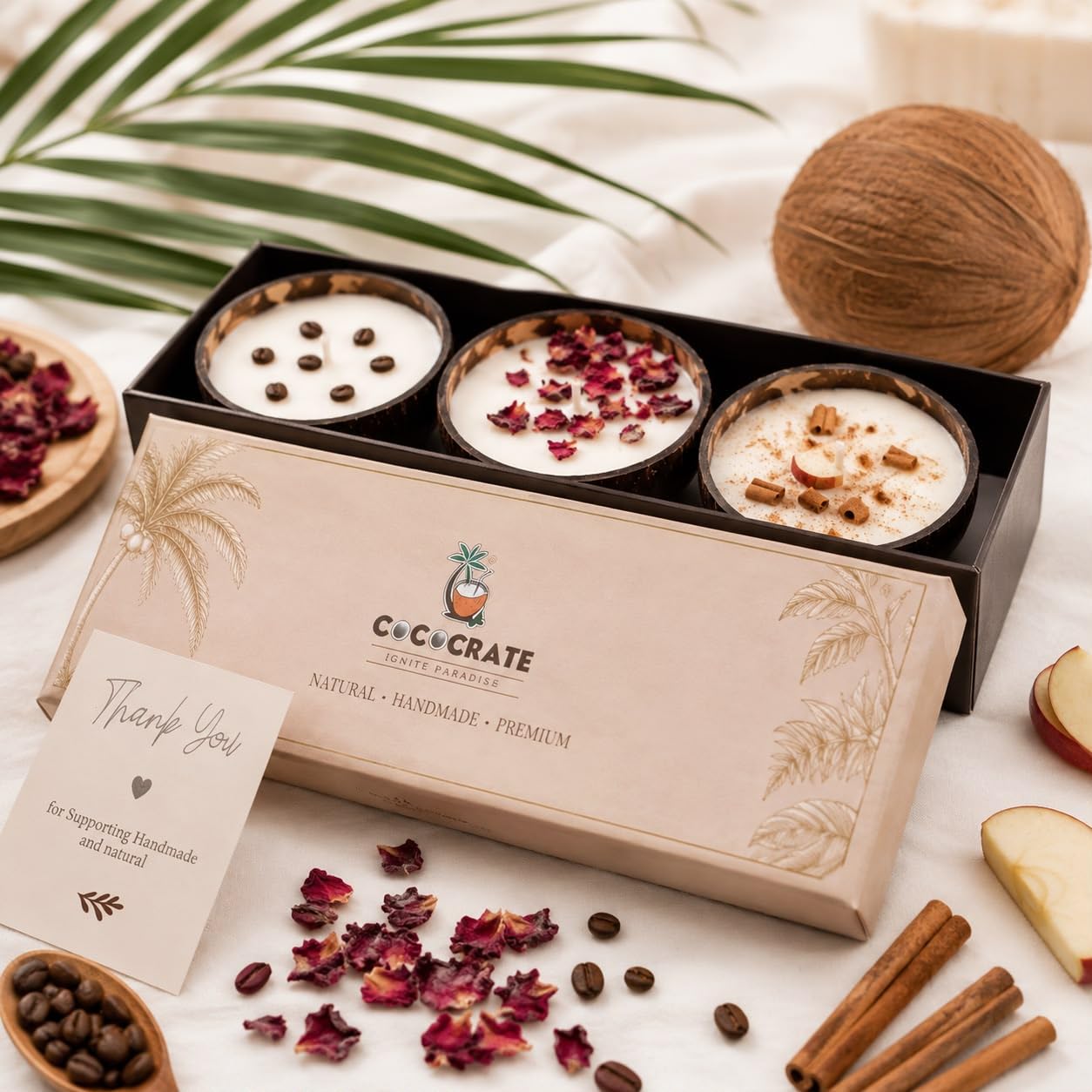 Coconut Shell Scented Candle Set, Roasted Coffee, Dark Rose, Apple Cinnamon, with Real Botanicals, Gift Set of 3-image-22