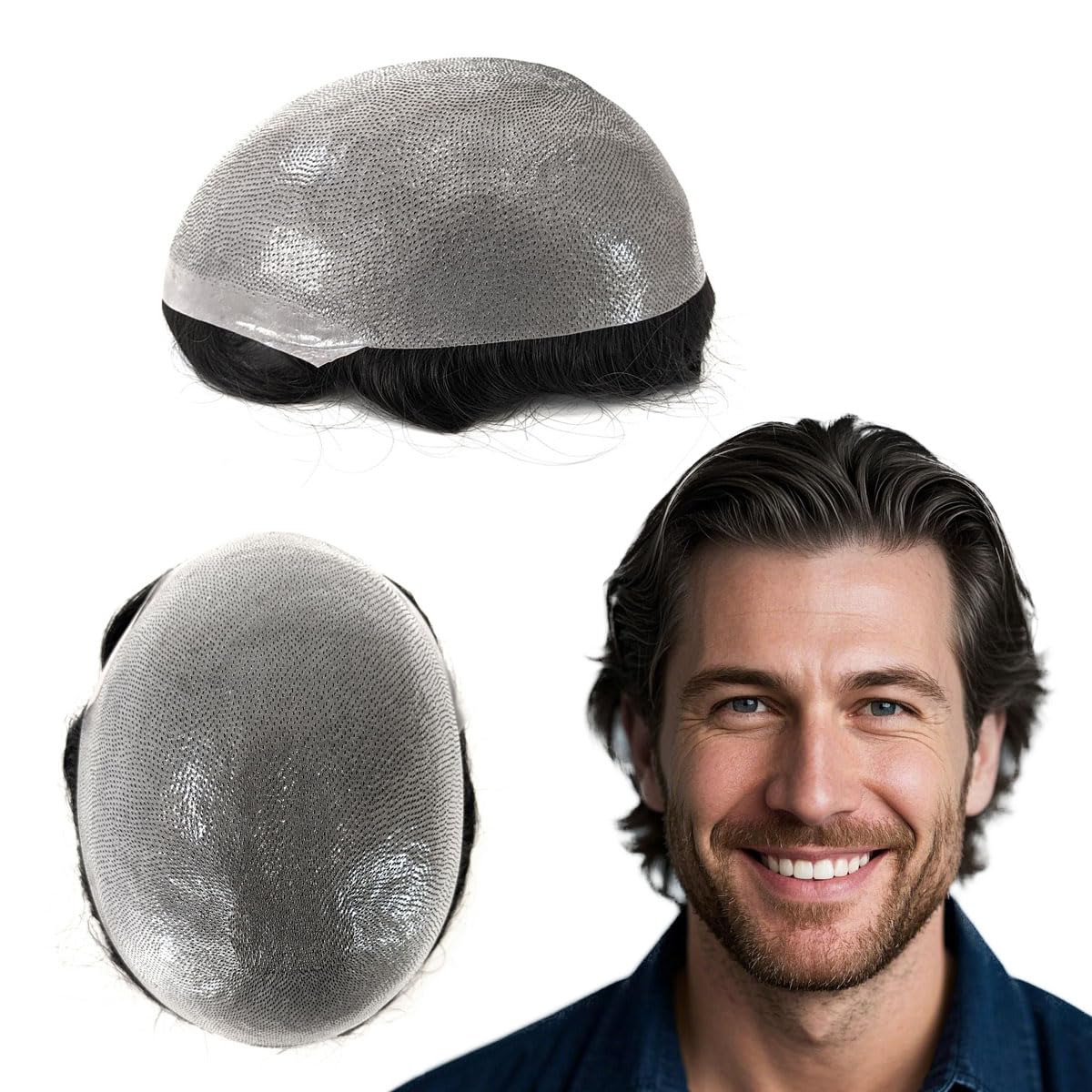 Tresshairca Toupee Hair for Men Natural and Comfortable Men's Wigs Hair Pieces Thin Skin Base Natural Black Real Human Hair Replacement System Men's