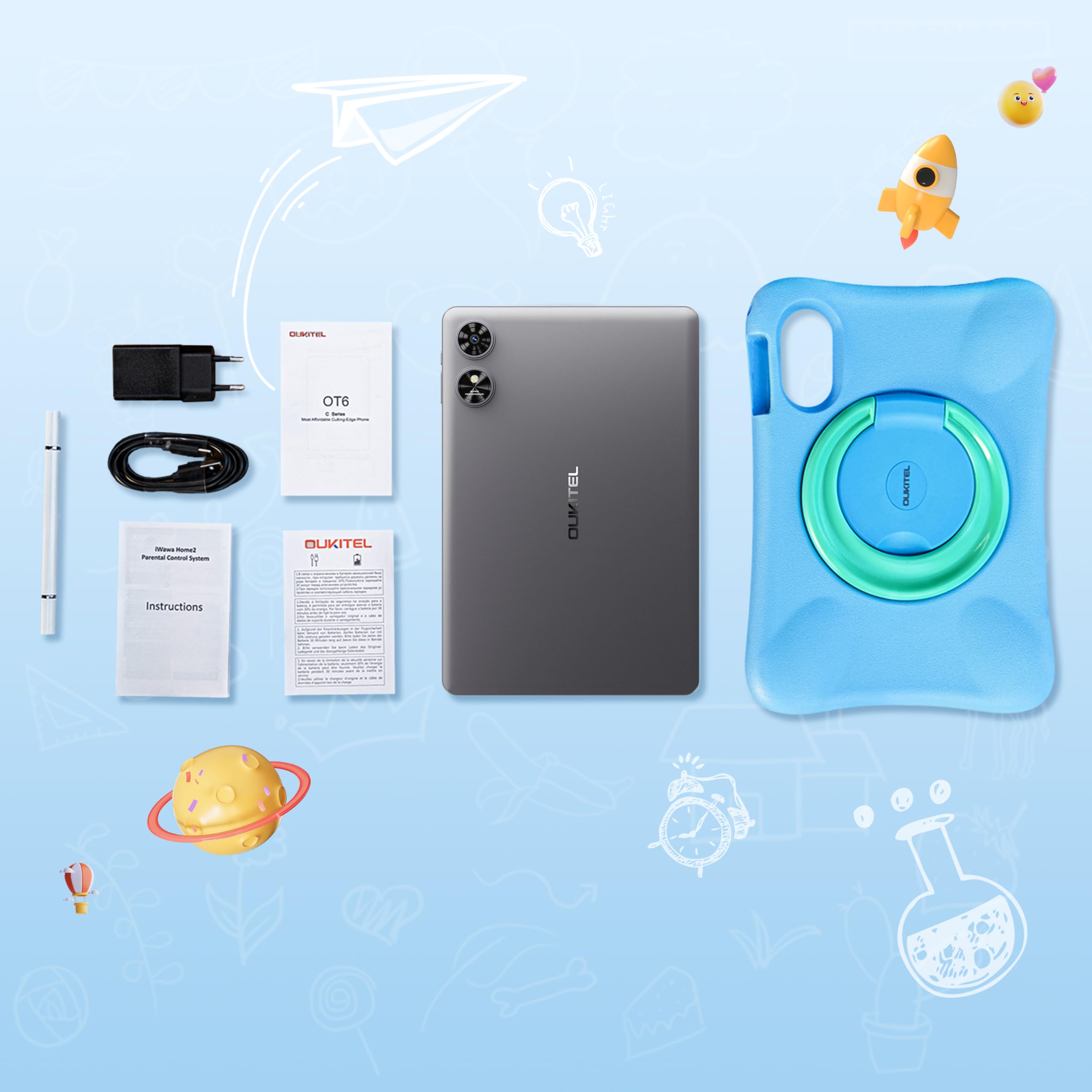 OT6 Tablet Para Niños - Tablet 10 Pulgadas, 16GB+64GB(1TB TF) Tablets Niños Android 13 con Lapiz, 8000mAh, WiFi 6, Google GMS, Control Parental, Widevine L1,Tablet Infantil con Funda EVA -Gris