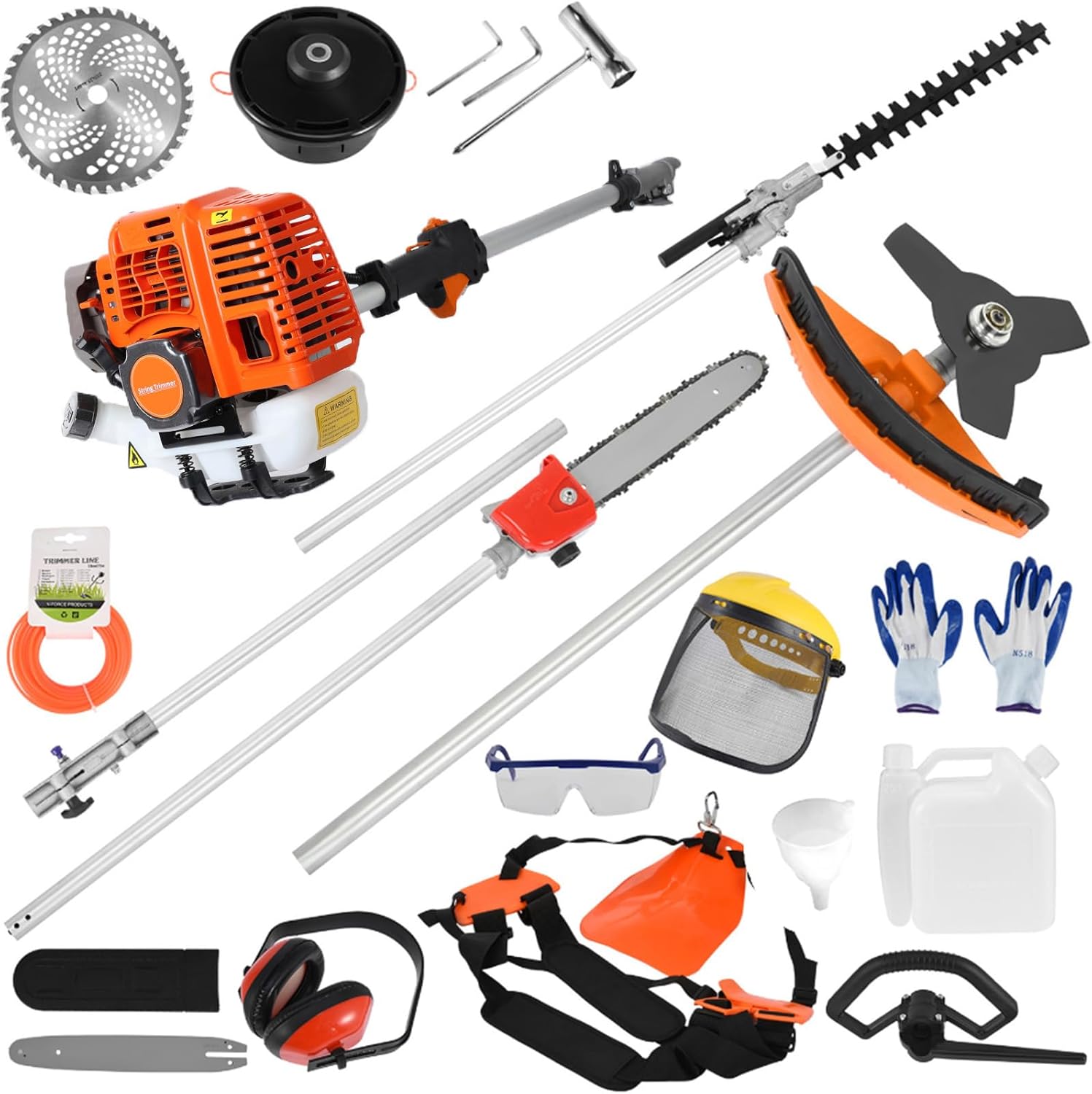 A person operating the Shulemin 52CC 5-in-1 Gas Powered Multi-Tool as a string trimmer in a grassy area.