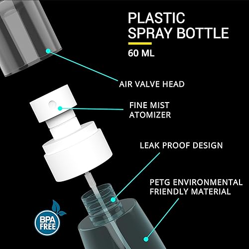 Miniatura 8 de Paquete de 2 botellas pequeñas con atomizador de tamaño de viaje de 3.39 onzas líquidas, mini botellas vacías de niebla fina, a prueba de fugas,