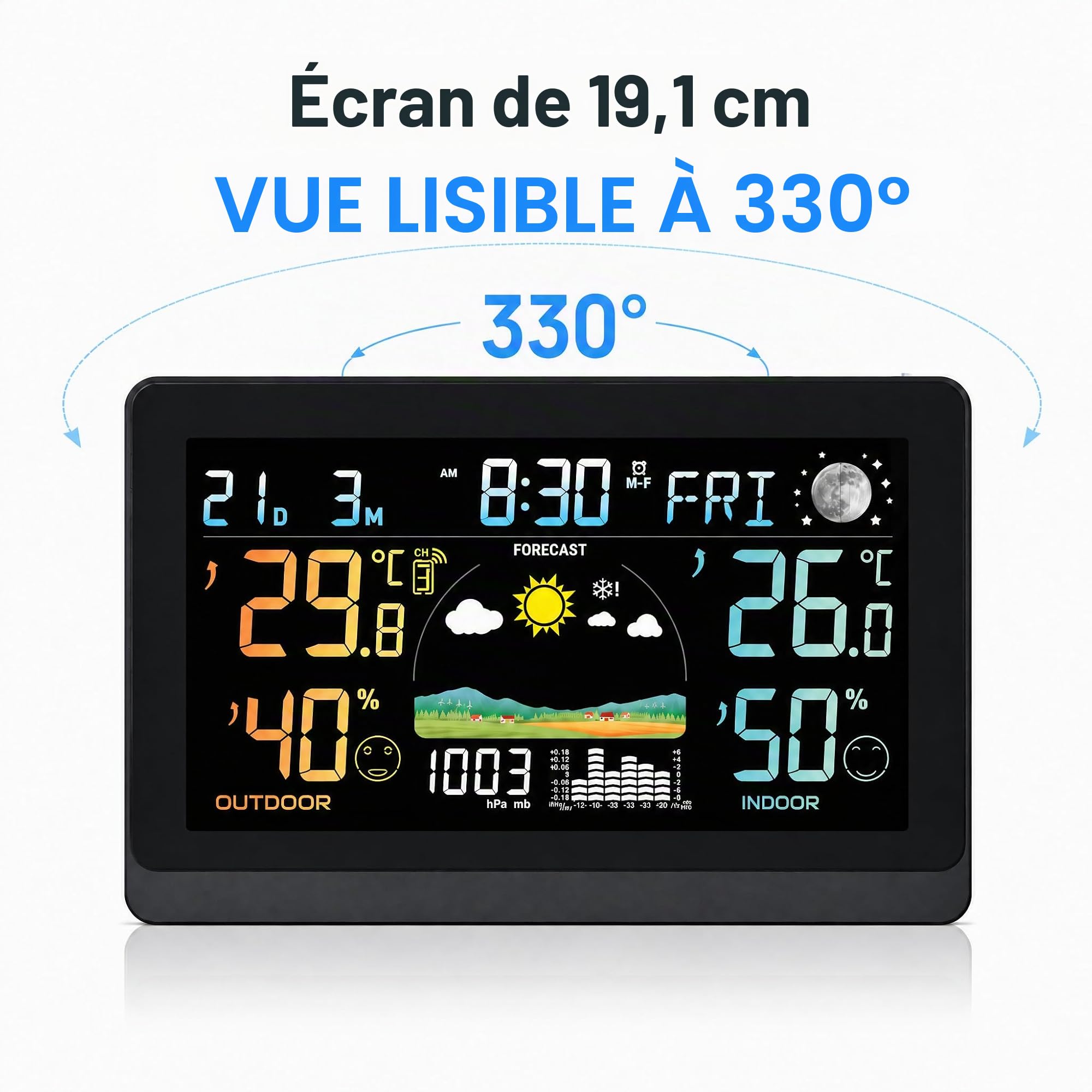 7,5 pouces DC Gros Station Météo Interieur Exterieur Sans Fil,Écran VA de couleur avec indication de la température intérieure et extérieure ainsi que de l'humidité