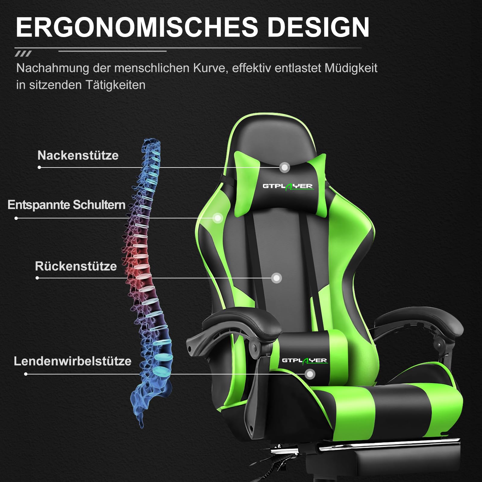 GTPLAYER Silla de oficina para gaming, masaje, sillón, silla ergonómica para gamer, con reposapiés, reposacabezas, cojín lumbar de masaje, acolchado, silla giratoria, verde