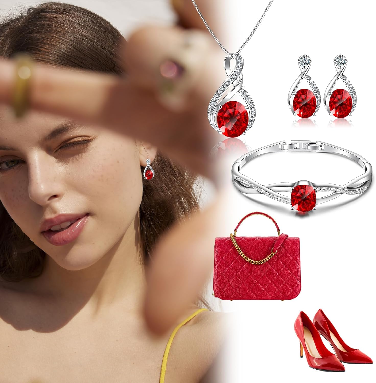 Charming Crystal Jewelry Sets For Women 18K White Gold Bracelet Necklace And Earrings Sets For Wife Girlfriend Or Mothers Idea Gift For Mother's day (Ruby) - Image 6