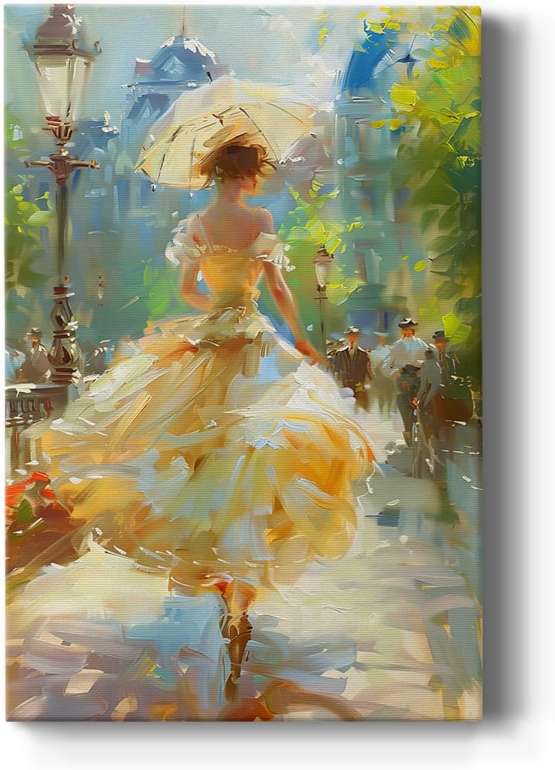 Renditions Gallery Abstract Wall Art Paintings & Prints Woman in Dress & Parasol Ancient Market Street Lamps Canvas Wall Hangings for Lounge Drawing Room Balcony - 12" X 18" LT566