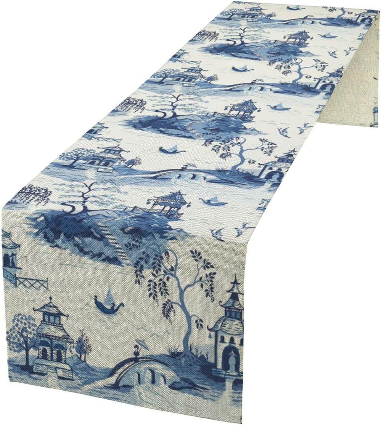 Vintage Ink Table Runner, Asian Oriental Chinoiserie Mountains Trees Landscape Kitchen Dining Table Decoration for Indoor Outdoor Home Party Decor, 13x70inch