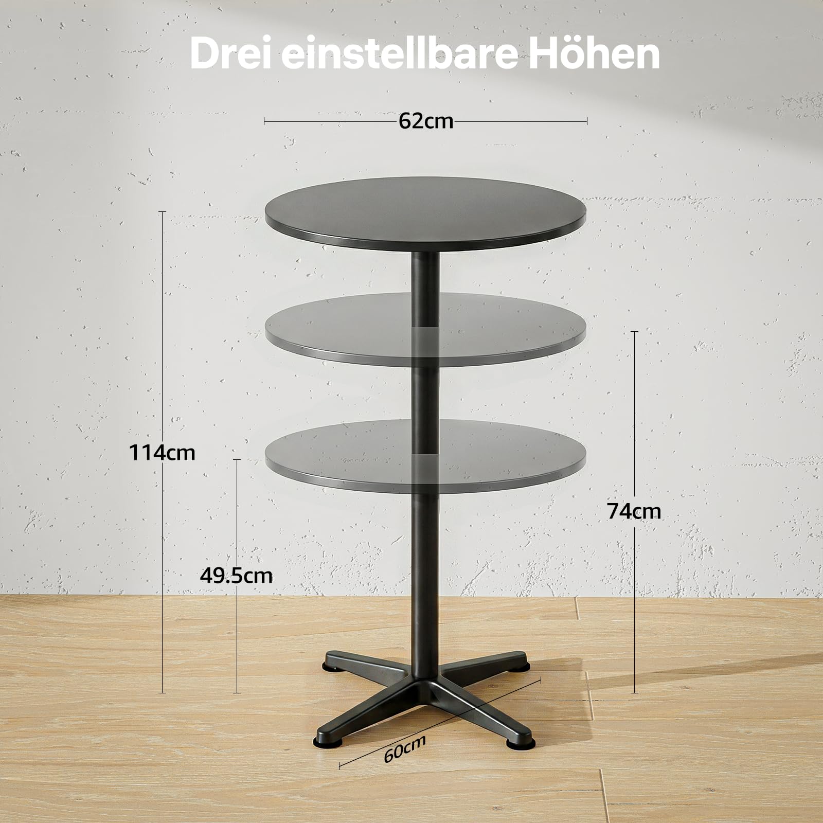 Table haute pliable 3 en 1 - Table de bar - Table de balcon - 60 cm - Table de jardin ronde en acier inoxydable - 3 hauteurs : 49,5 cm/74 cm/114 cm - Table de bistrot pour extérieur, jardin