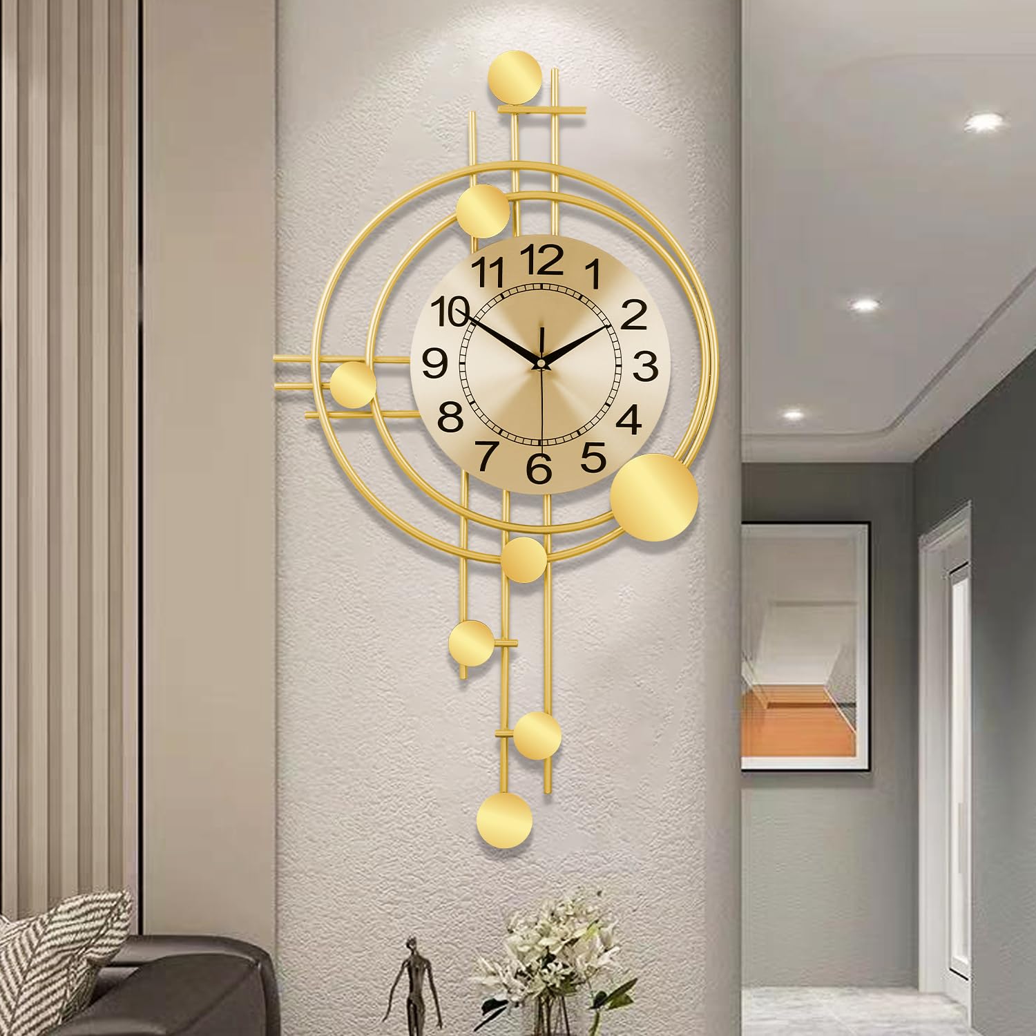 – Wall Clock with Pendulum, Silent Non-Ticking Quality Quartz Battery Operated, Analog Large Wall Clock for Living Room Kitchen Bathroom Bedroom Wall Home Decor, 41x74CM(Golden)