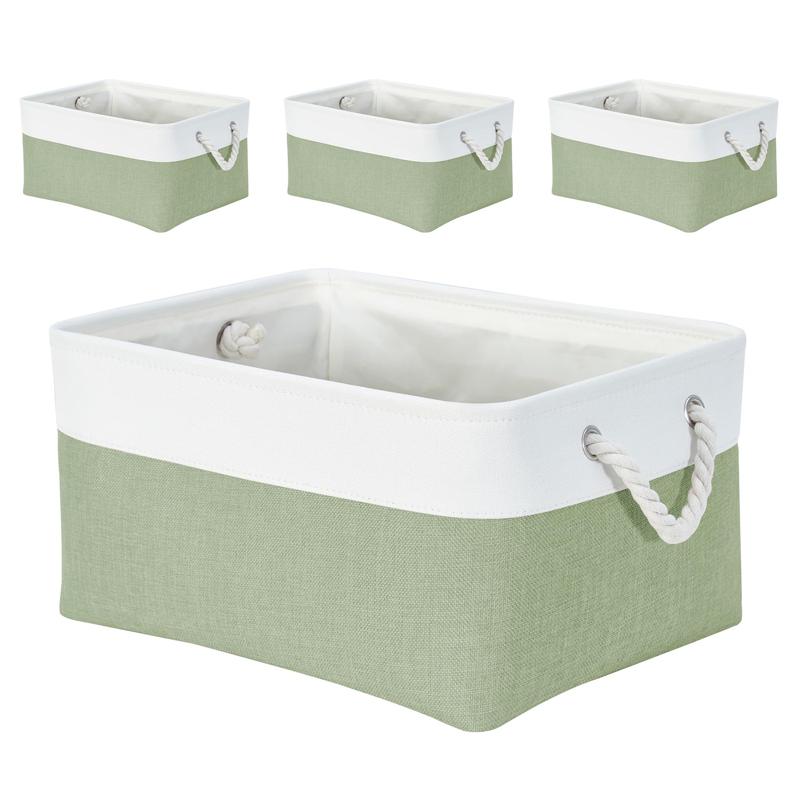 Mangata Set of 4 Soft Fabric Storage Baskets with Handles, Multi-Size, Rectangular Linen Organiser Boxes for Shelf & Wardrobe, 41x31x18 cm, Green & White (Large, 4 Packs)