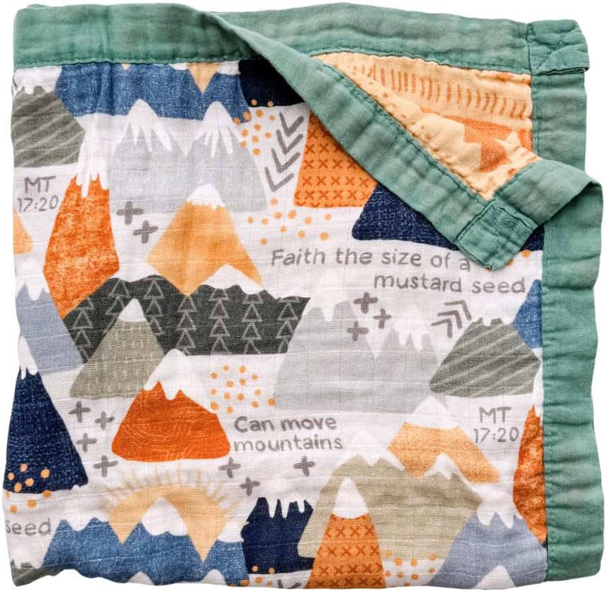 Faith Moves Mountains Catholic Muslin Blanket | Luxury Double-Sided 2-Layer, 47" x 47" |Soft Swaddle/Receiving Blanket