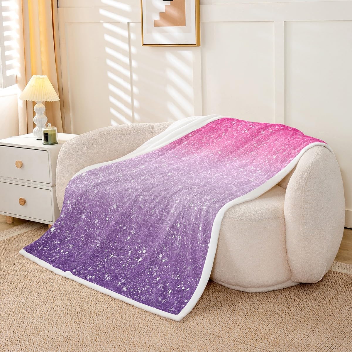 Colorful Glitter Print (No Glitter) Pink Purple Sherpa Blanket Magical Fantasy Fleece Throw Blanket Plush Blanket for Bed Sofa Couch BedFairy Dreamy Gradient Warm Fuzzy Blanket Throw 50"x60"