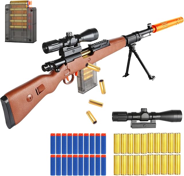 Pistola de juguete francotirador con mecanismo de expulsión de proyectiles, acción de bomba a resorte, diseño realista para juegos de tiro al aire libre y coleccionistas, balas de espuma seguras para