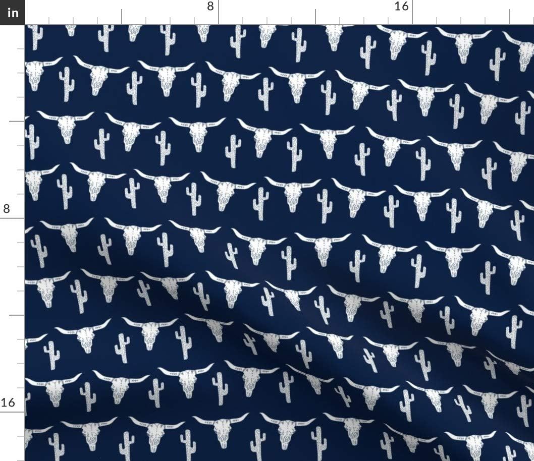 Spoonflower Fabric - Skull Cow Cattle Navy Blue Cactus Texas West Western Kids Boys Printed on Petal Signature Cotton Fabric Fat Quarter - Sewing Quilting Apparel Crafts Decor