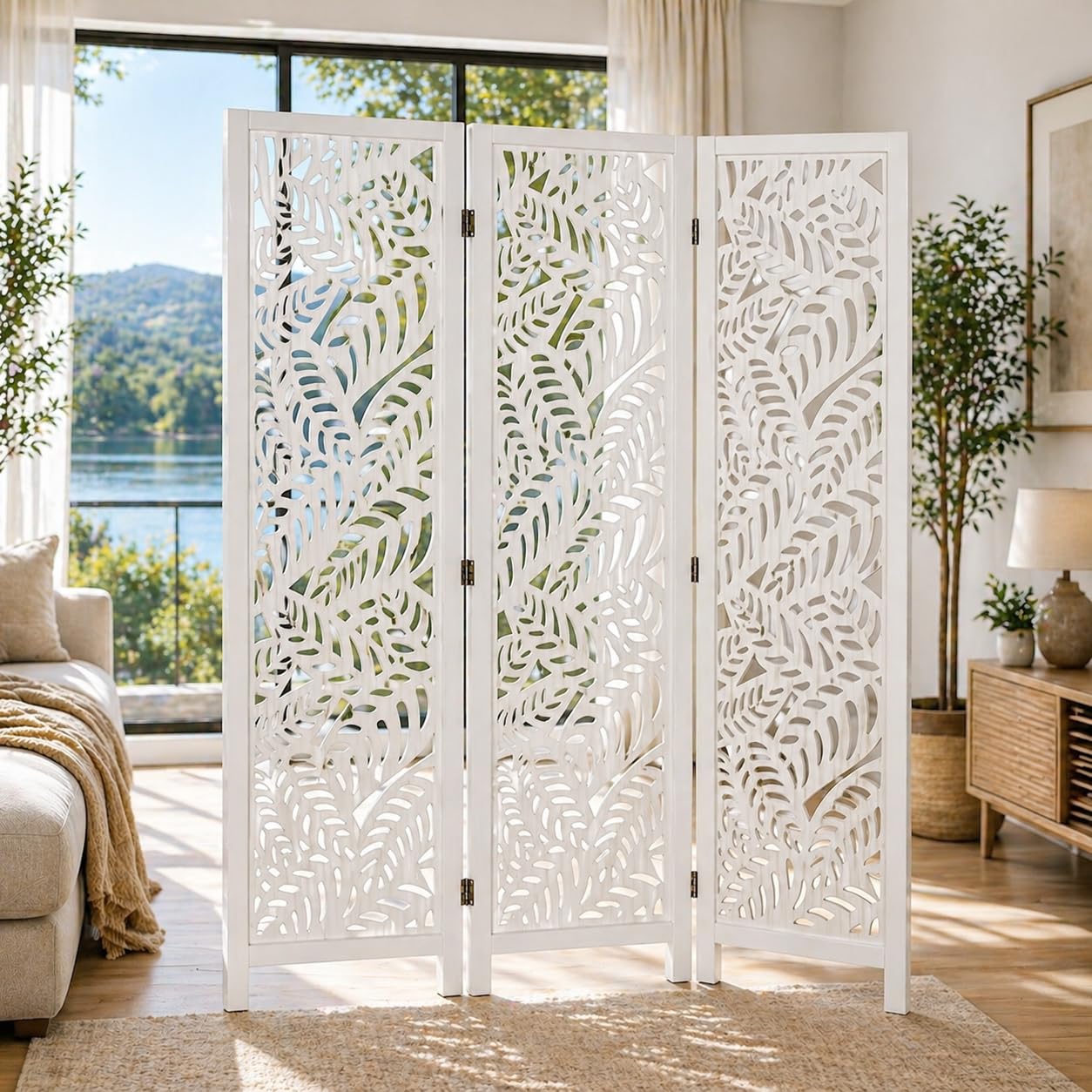 Wooden Room Divider Beautifull White Leaf Design 6 Feet 3 Panel Folding Privacy Screen, Partition for Bedroom, Home, Office, Studio & Restaurant (144W x 1.82H m) (White)-image-46