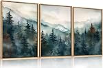 HPNIUB Watercolor Misty Toile de forêt Cadres Ensemble d'art mural, Nature Paysage Décoration murale, Foggy Mountain Pine Arbres Peinture murale, Jungle Scenery Artwork pour le salon, Chambre, Bureau - 16"x24"x3
