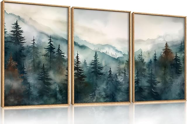 HPNIUB Watercolor Misty Toile de forêt Cadres Ensemble d'art mural, Nature Paysage Décoration murale, Foggy Mountain Pine Arbres Peinture murale, Jungle Scenery Artwork pour le salon, Chambre, Bureau - 16"x24"x3