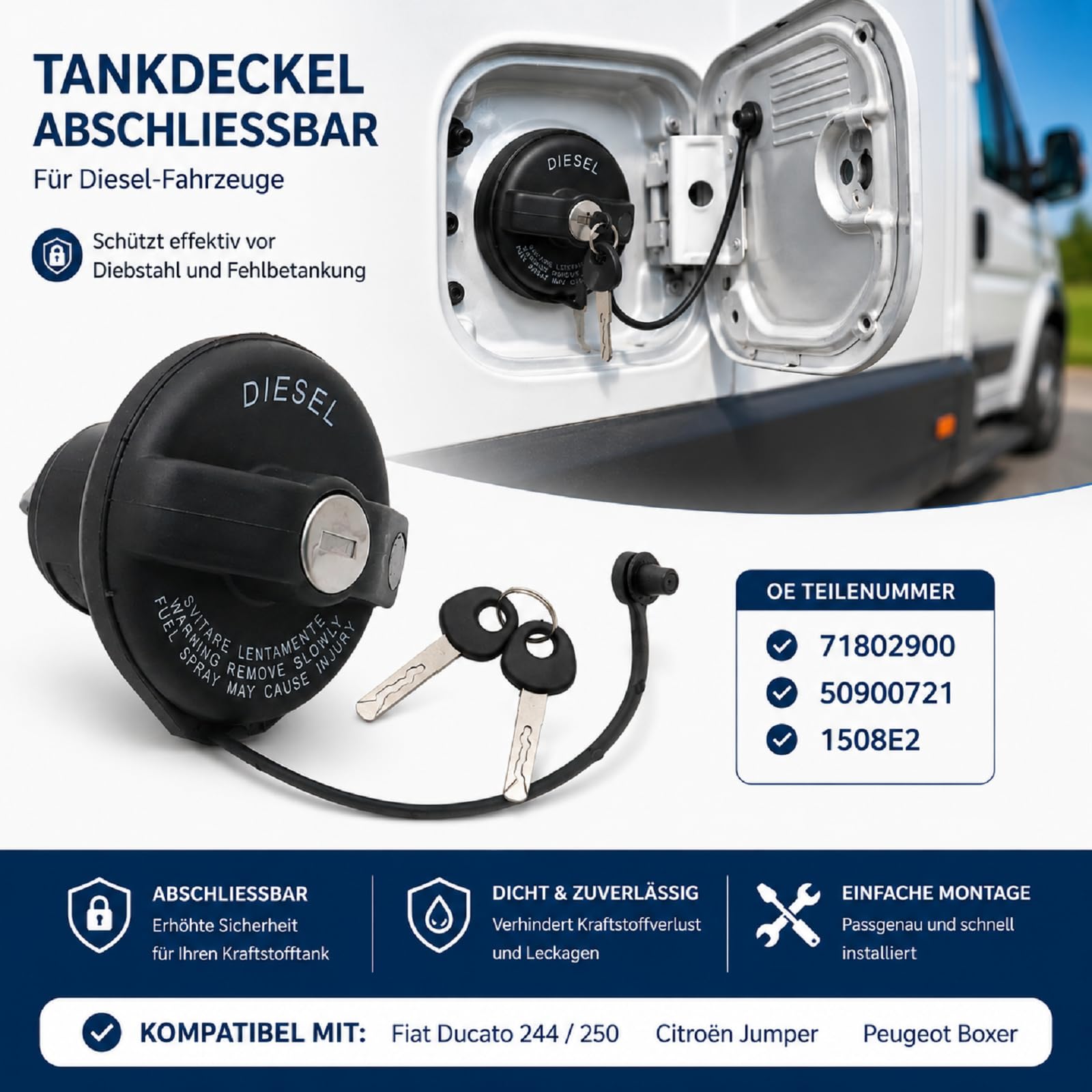Tankdeckel Abschließbar mit 2 Schlüssel Kompatibel mit Fiat Ducato 244 250 Kompatibel mit Citroën Jumper Kompatibel mit Peugeot Boxer Diesel OE 71802900 50900721 1508E2