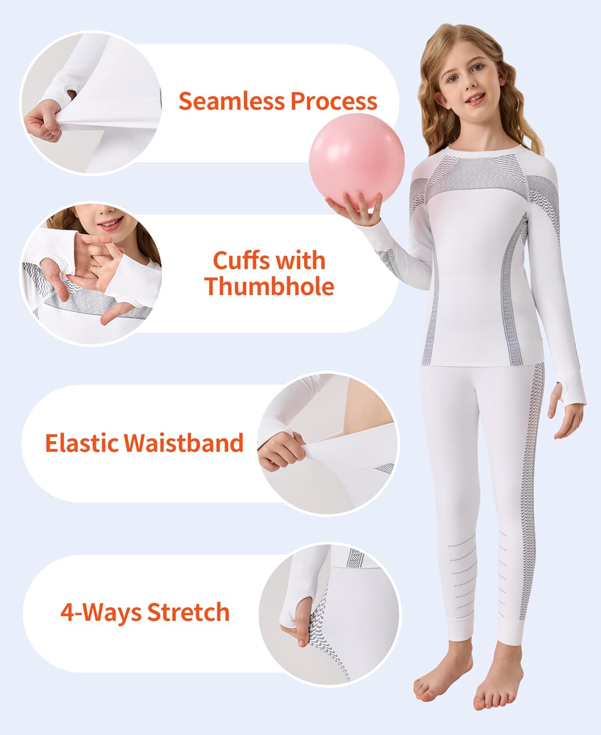 beautyin Seamless Thermal Underwear for Kids Athletic Long Base Layer Girls Boys Top Bottom Set with Thumbhole - Image 5